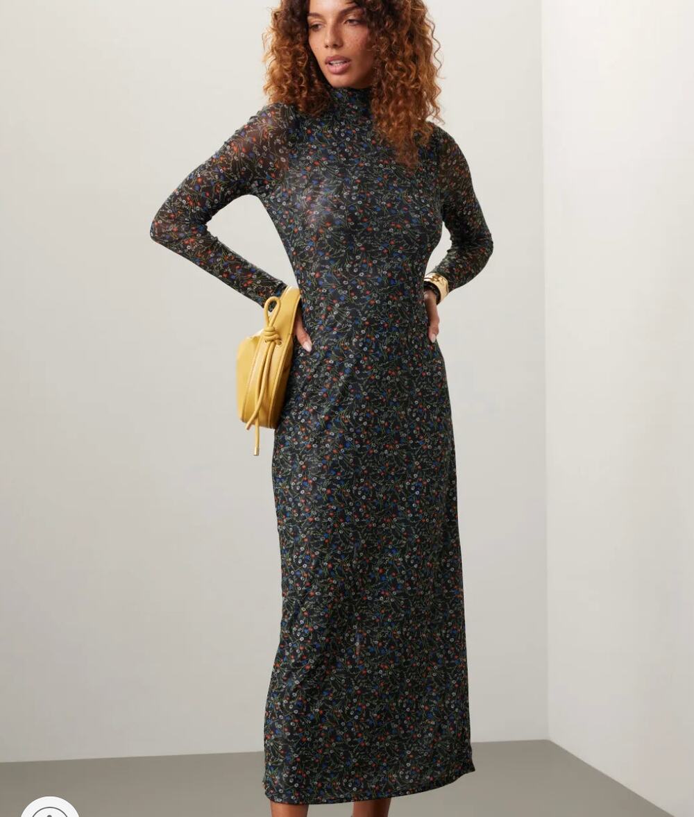 Rosetta Getty Mesh Floral Midi Dress SIZE 6 Black Long Sleeve Work Designer $440